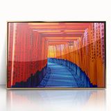 Large art print of a Kyoto scenery in mid-century modernist style, featuring muted gold and green tones on a framed acrylic.