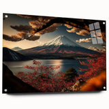 Acrylic print of Mount Fuji with soft pink and blue sky tones, suitable for bedroom or dining room decor.