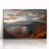 Large framed acrylic print of Mount Fuji with muted blue and gold tones in a mid-century modernist style.