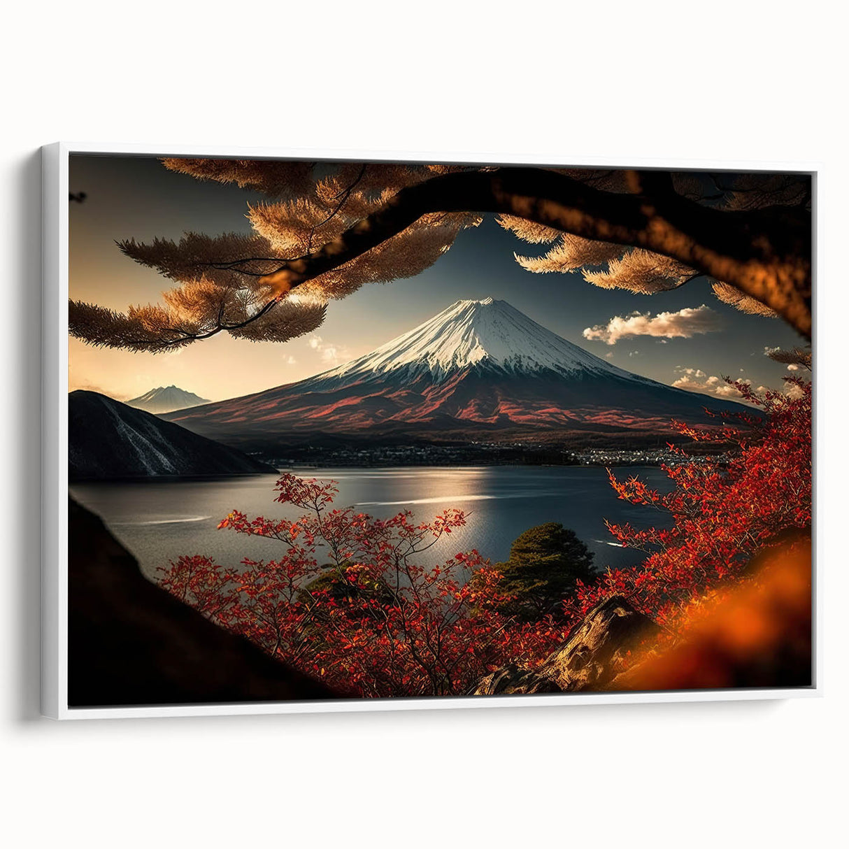 Vintage poster art of Mount Fuji with colorful palette on extra large framed canvas, ideal for living room decor.