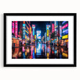 Abstract art print of Tokyo skyline in vibrant colors on a large framed canvas, ideal for living room decor.