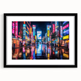 Abstract art print of Tokyo skyline in vibrant colors on a large framed canvas, ideal for living room decor.
