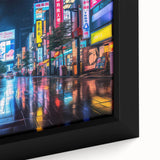Extra large framed canvas of Tokyo scenery, featuring textured black and colorful art, ideal for living room decor.