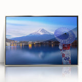 Mid-century modernist art depicting a serene Japanese landscape in muted earth tones on a framed acrylic panel.