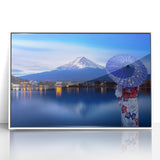 Acrylic print of a serene Japanese landscape in muted watercolor tones, framed in white.