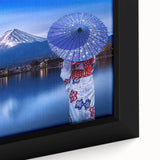 Extra large framed canvas featuring a textured depiction of a Japanese scenery in black with colorful accents.