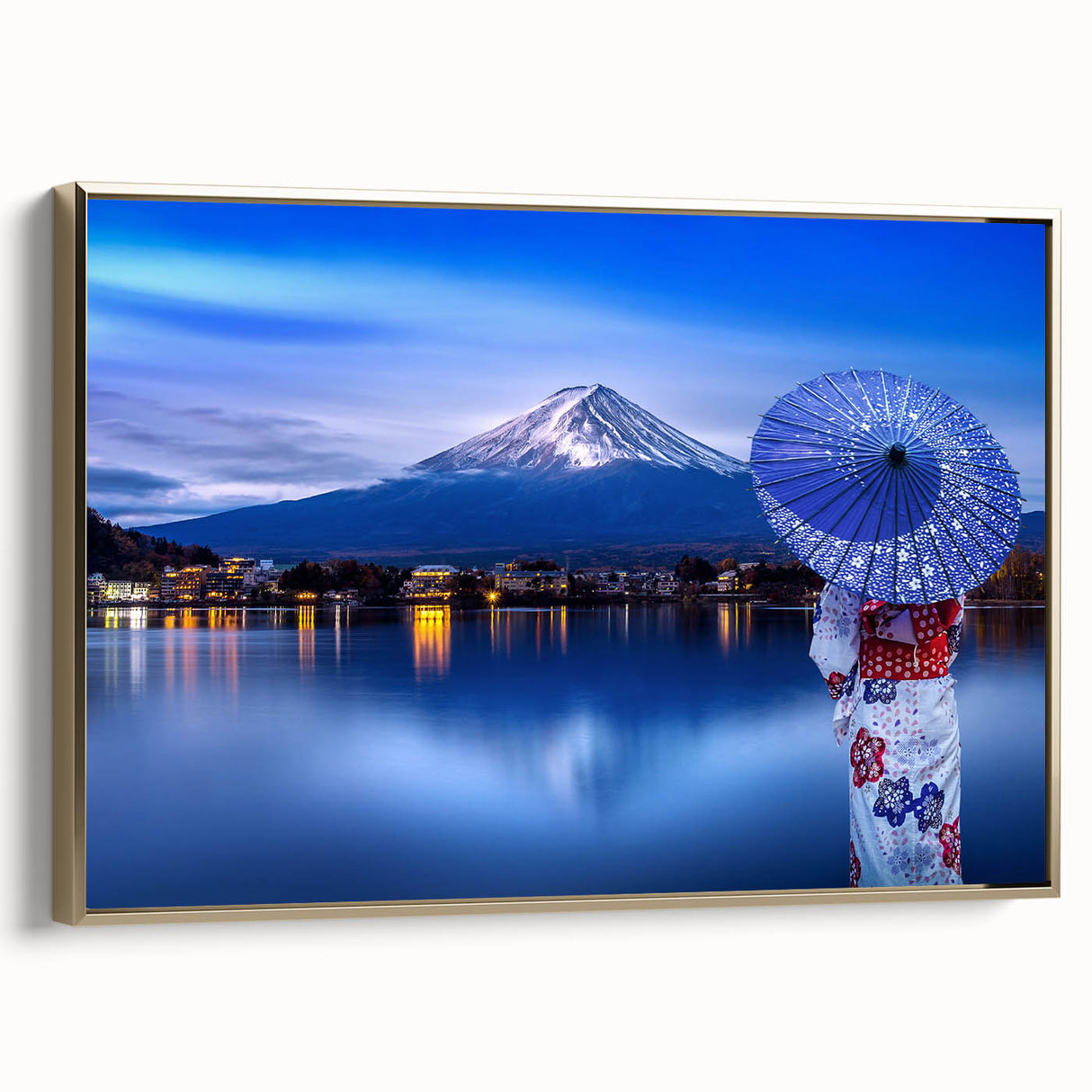 Landscape painting of a serene Japanese scene in muted gold and black tones on a framed canvas, ideal for bedroom wall decor.