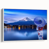 Vintage poster art of a colorful Japanese landscape on extra large framed canvas, ideal for living room decor.