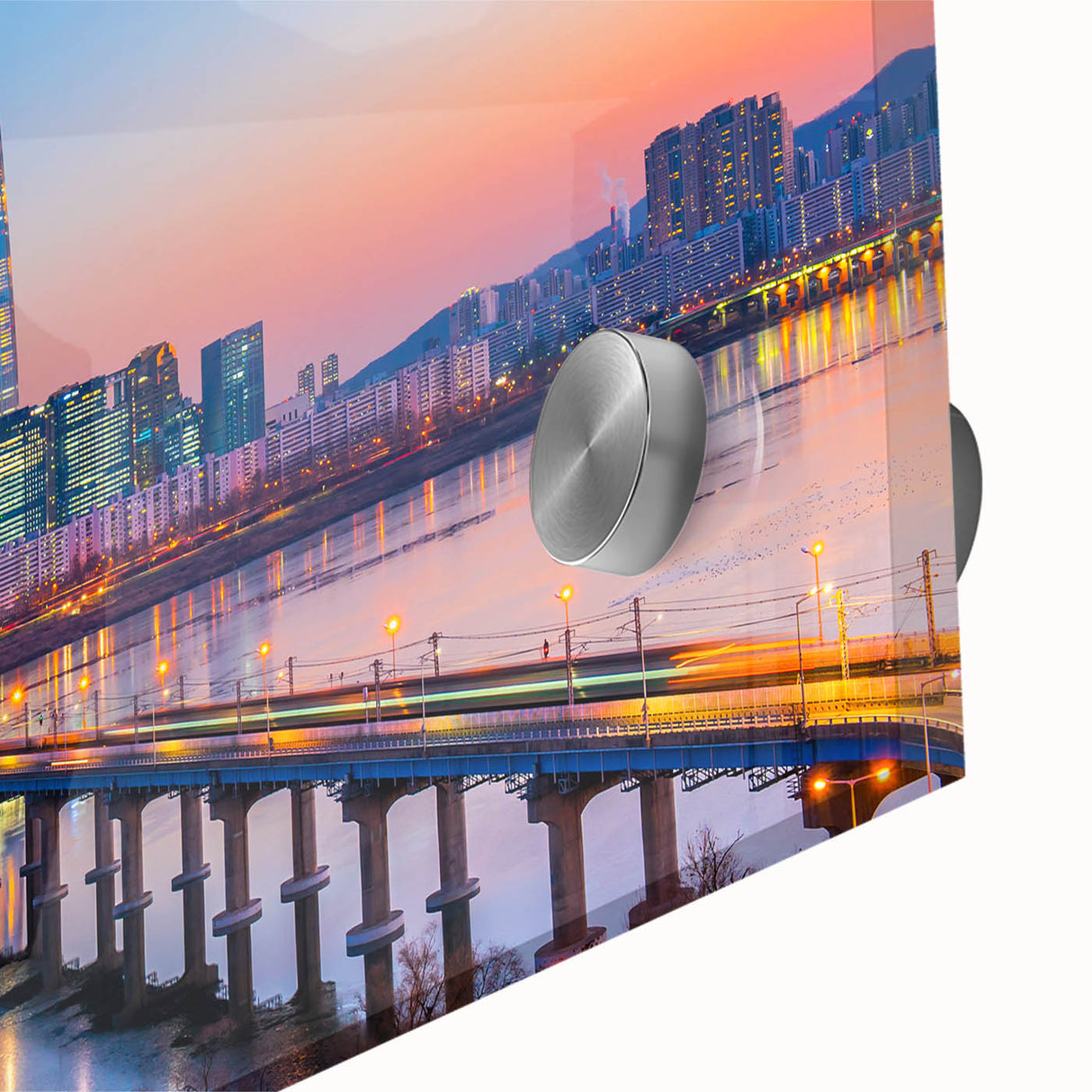 Large abstract wall art of Seoul skyline in muted gray and blue tones on acrylic glass, ideal for dining room art.