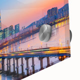Large abstract wall art of Seoul skyline in muted gray and blue tones on acrylic glass, ideal for dining room art.
