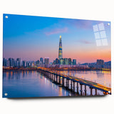 Acrylic print of Seoul skyline in muted gray and blue tones, ideal for modern bedroom ambiance.