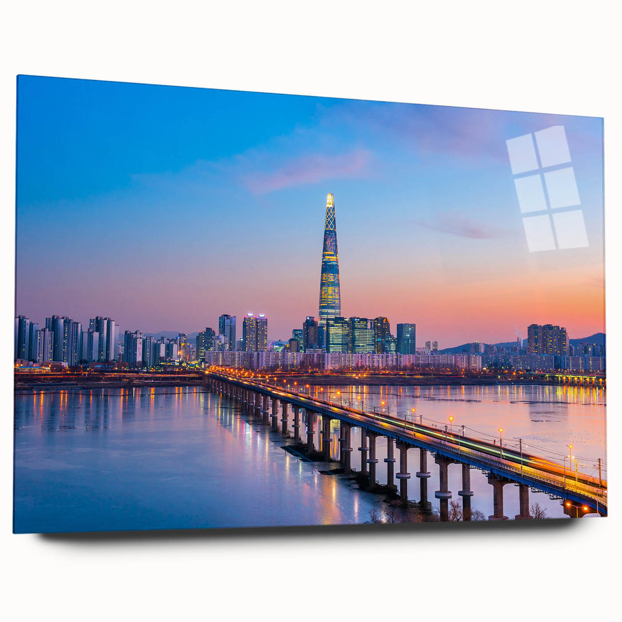 Large abstract wall art of Seoul skyline in muted gray and blue tones on acrylic glass.