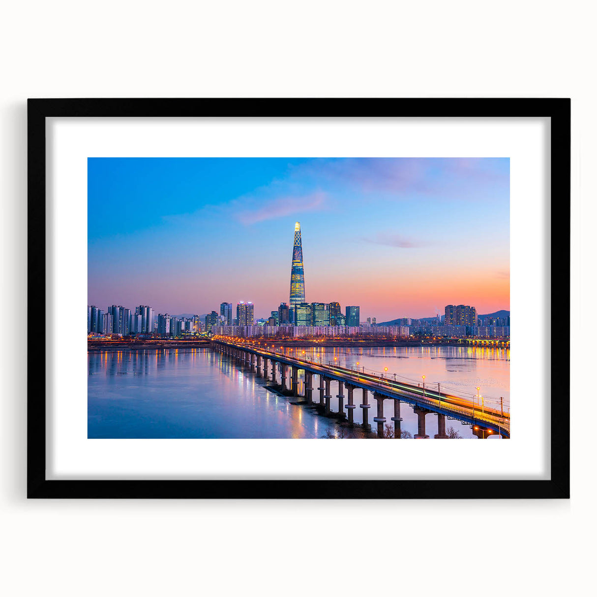 Extra large wall art featuring abstract art prints of Seoul in vibrant colors on a textured canvas.