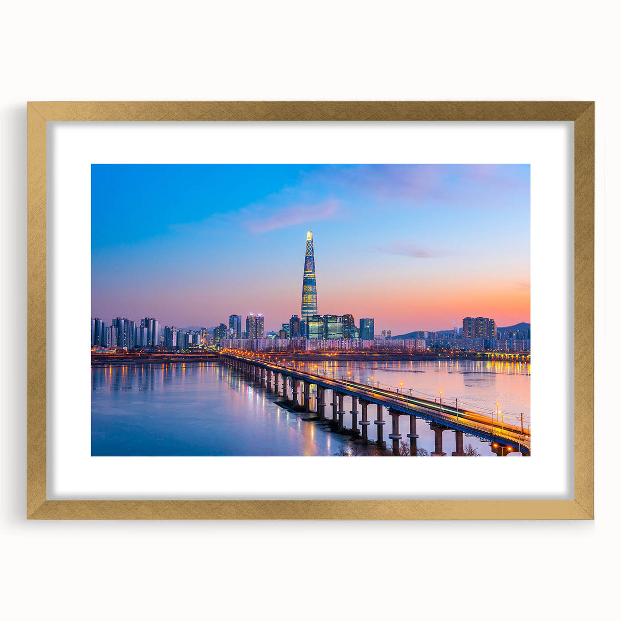 Extra large abstract art print of Seoul's skyline in textured gold tones, ideal for living room decor.