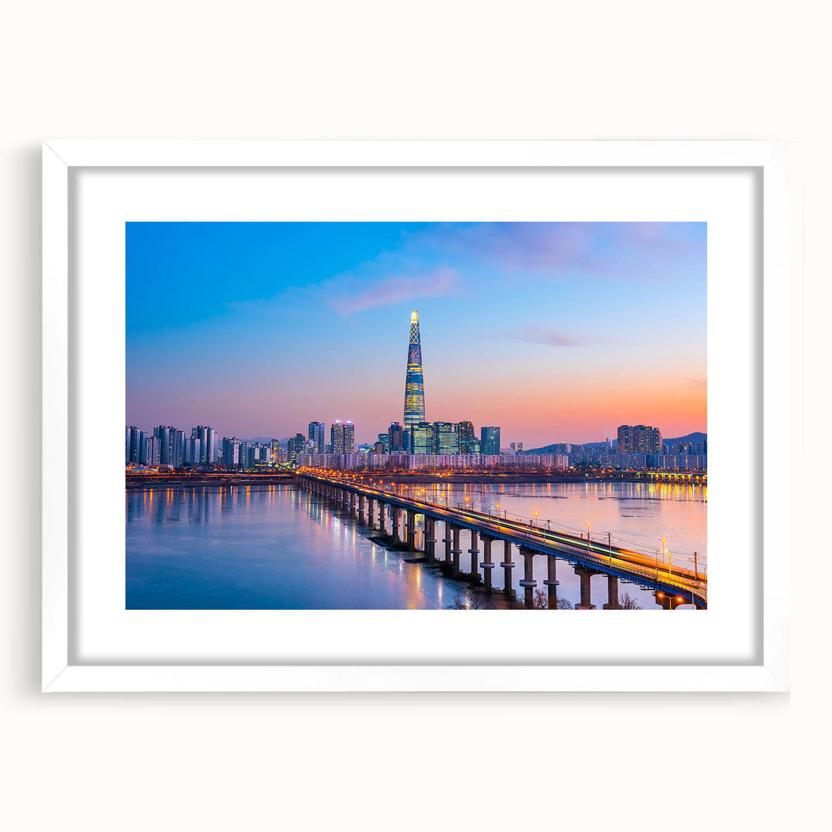 Abstract art print of Seoul skyline in muted gray and blue tones on a framed white mat, ideal for dining room decor.