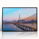 Large abstract wall art depicting Seoul's skyline in muted gray tones on a black framed acrylic.