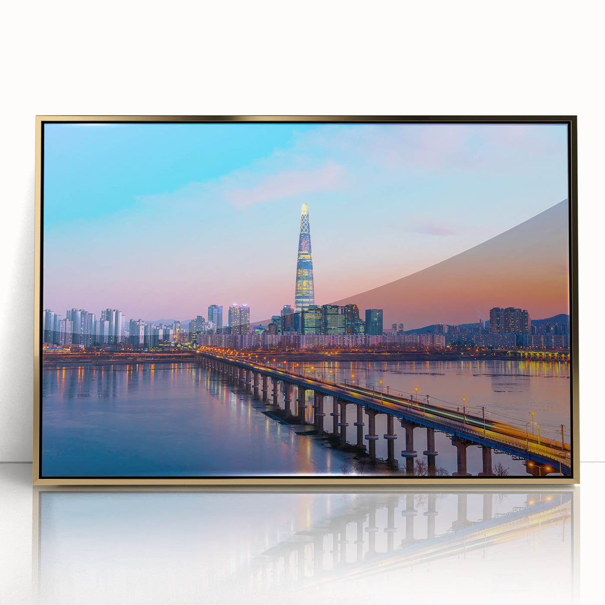 Large art print of Seoul skyline in gold and black tones on acrylic, framed, mid-century modernist style.