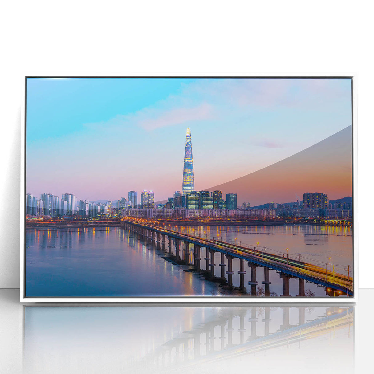 Acrylic print of Seoul skyline in muted gray and blue tones, ideal for modern art wall decor.
