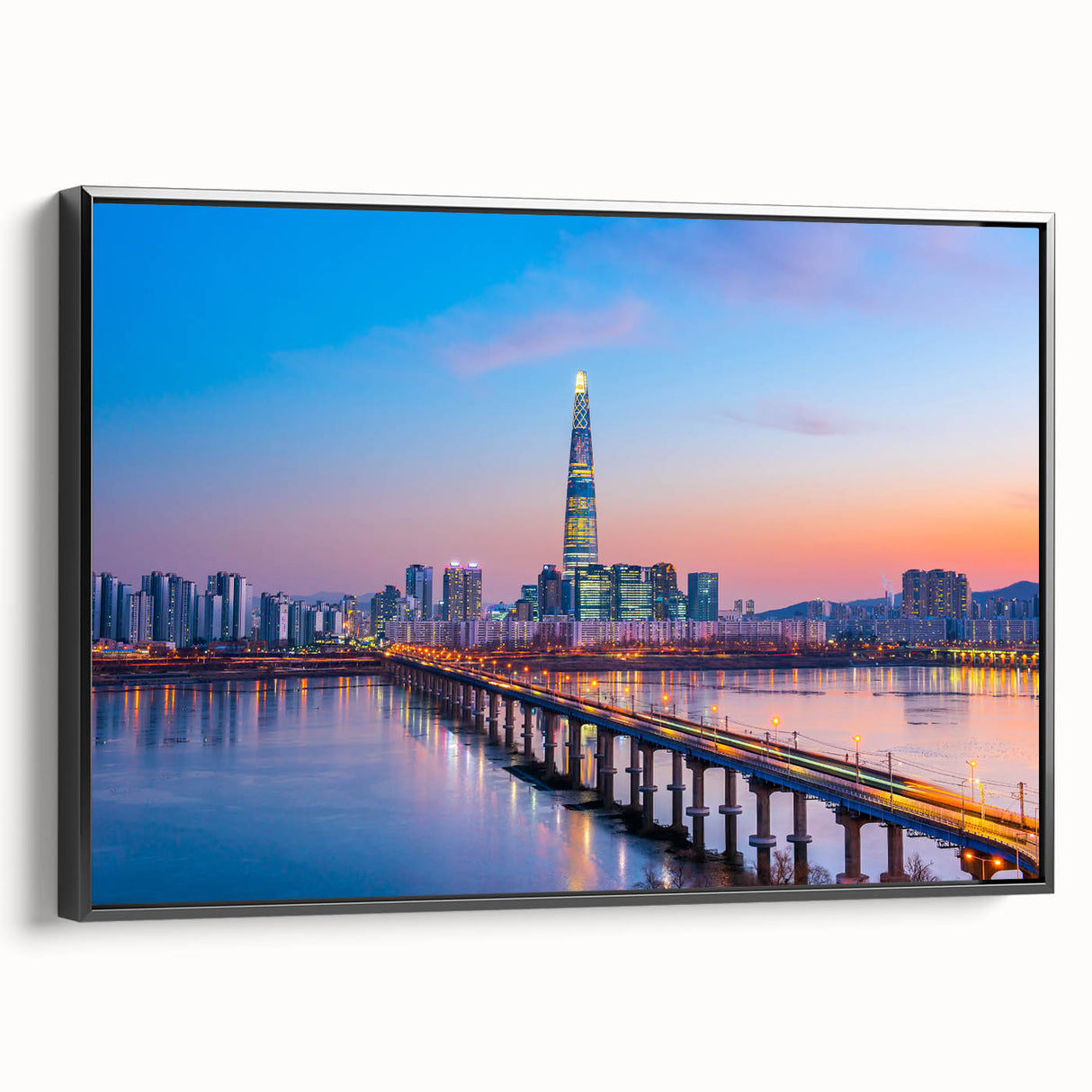 Black and white framed canvas of Seoul landscape with vintage poster art style, ideal for bedroom wall decor.