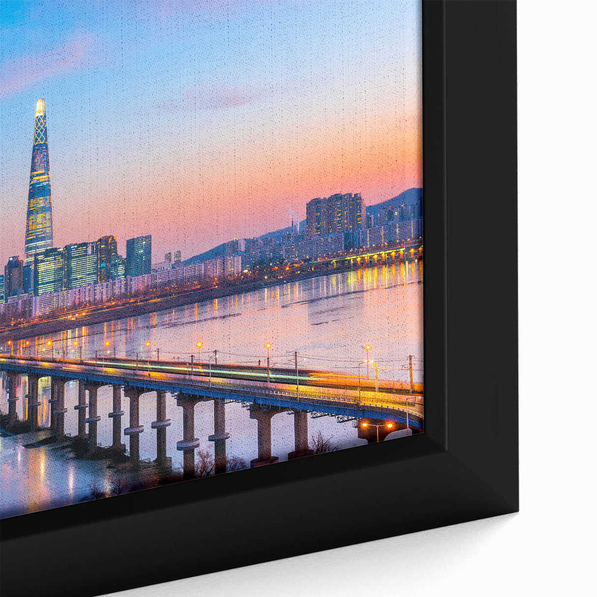 Extra large framed canvas of a textured, colorful Seoul cityscape, predominantly in black, ideal for living room decor.