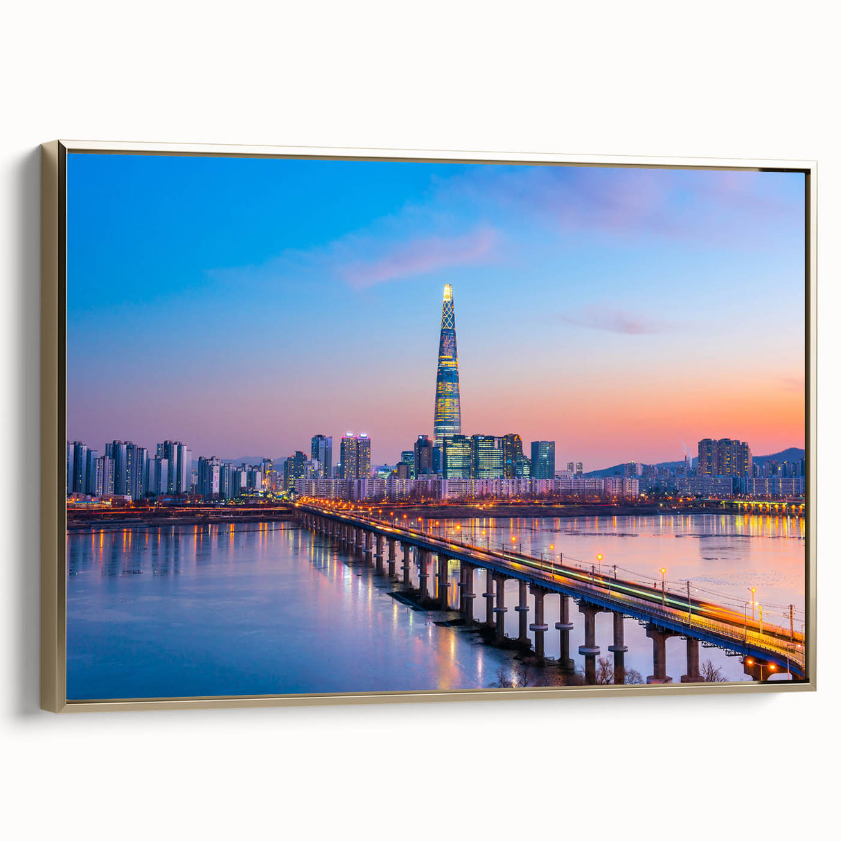 Framed canvas of Seoul landscape with vintage poster art style in black and gold, ideal for bedroom wall decor.