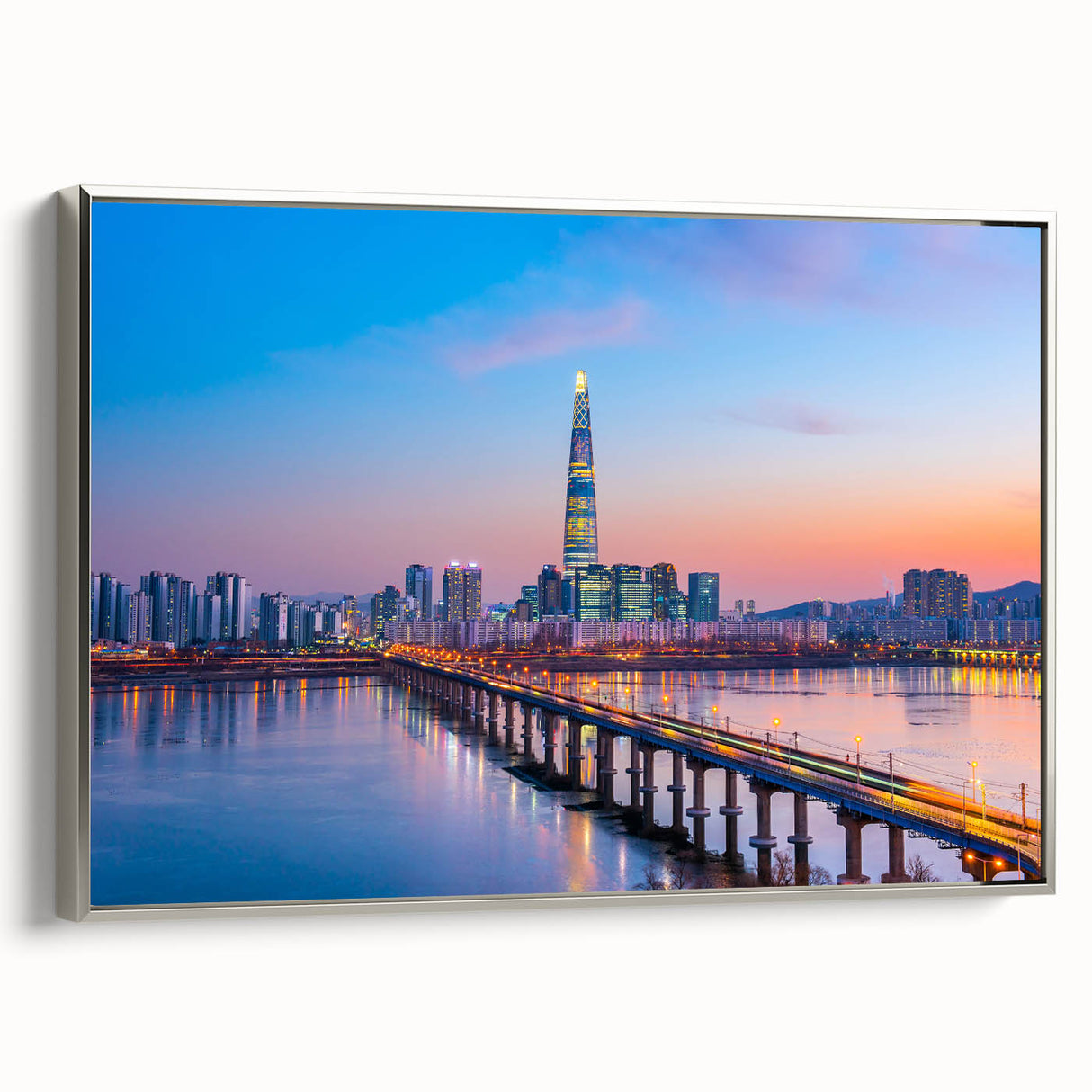 Framed canvas featuring a vintage-style landscape art painting of Seoul with muted colors and silver frame.