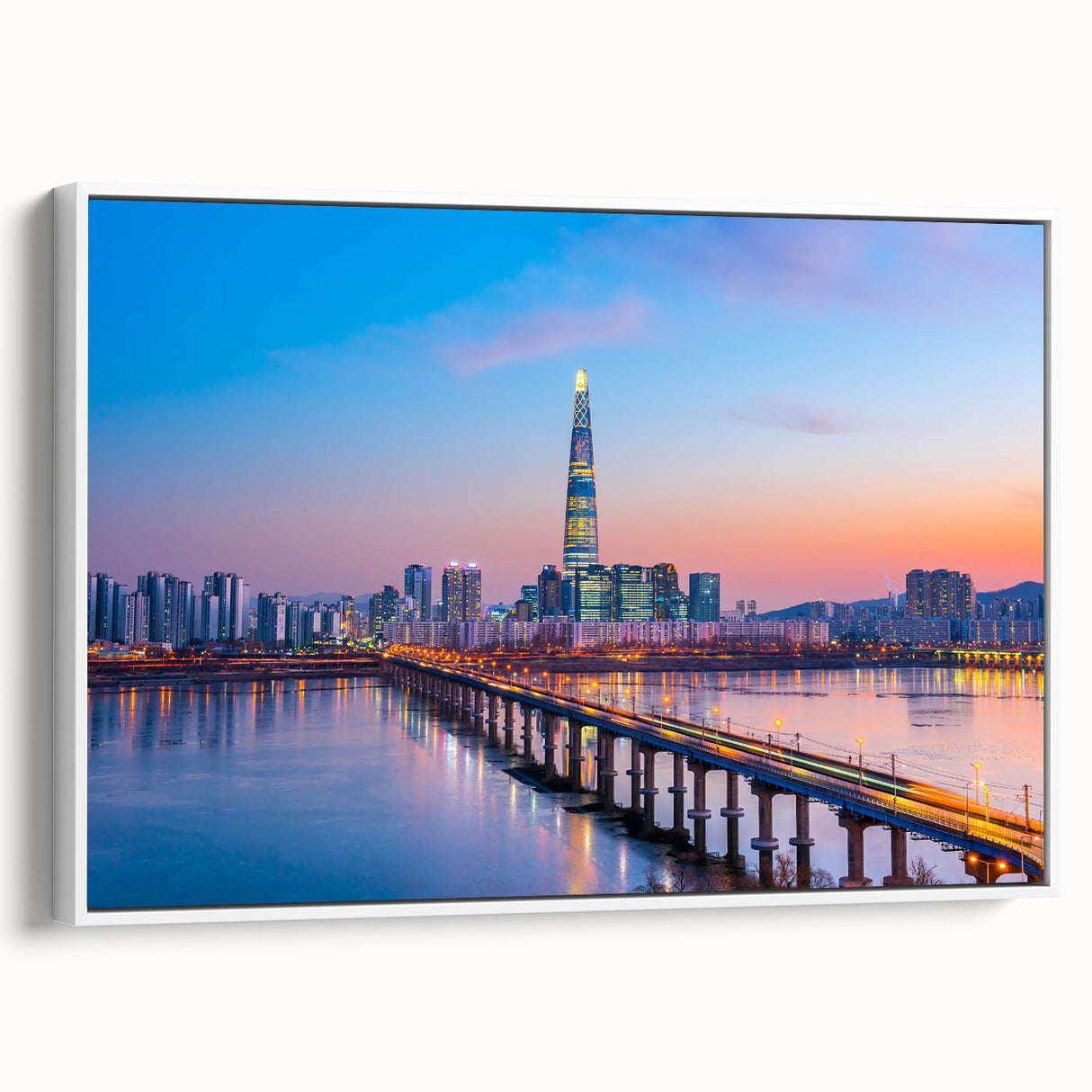 Vintage poster art of Seoul skyline in vibrant colors on a large framed canvas, ideal for living room decor.