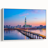 Vintage poster art of Seoul skyline in vibrant colors on a large framed canvas, ideal for living room decor.