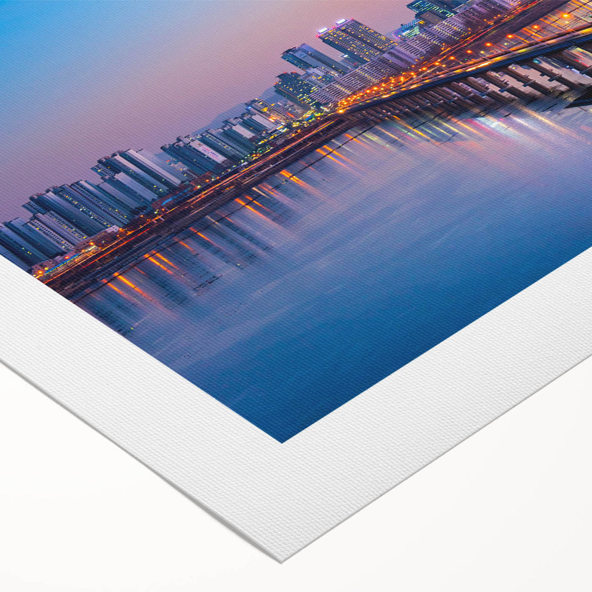 Art deco poster of Seoul skyline in muted gray and blue tones on rolled canvas, suitable for dining room wall art.