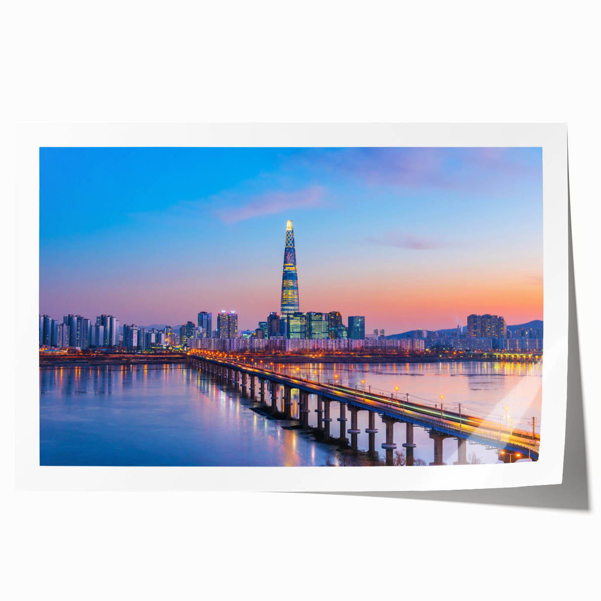Rolled print of Seoul scenery featuring pastel shades and floral elements, ideal for dining room wall art.