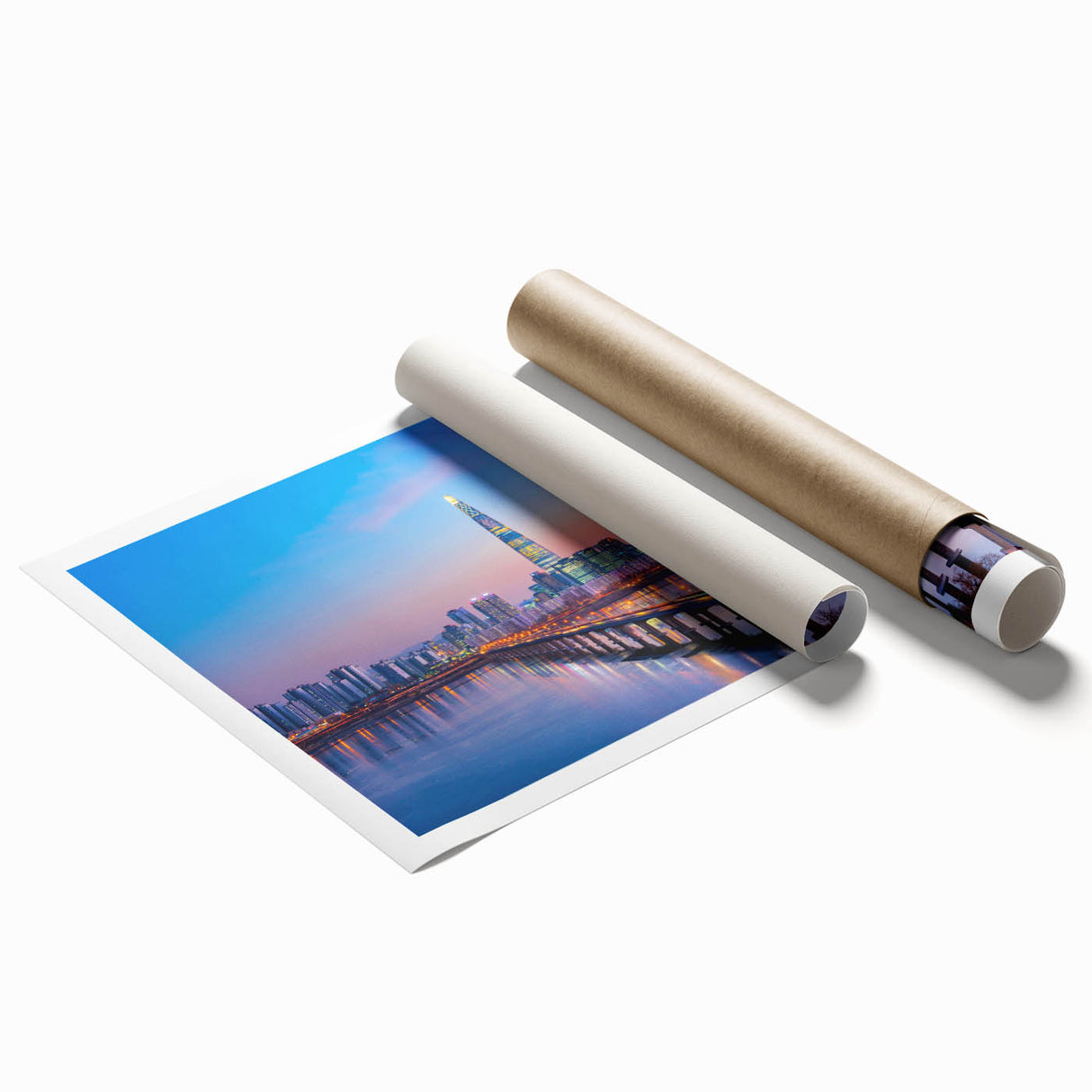 Extra large rolled print of Seoul skyline with soft floral elements in pastel shades, ideal for classy bathroom wall art.