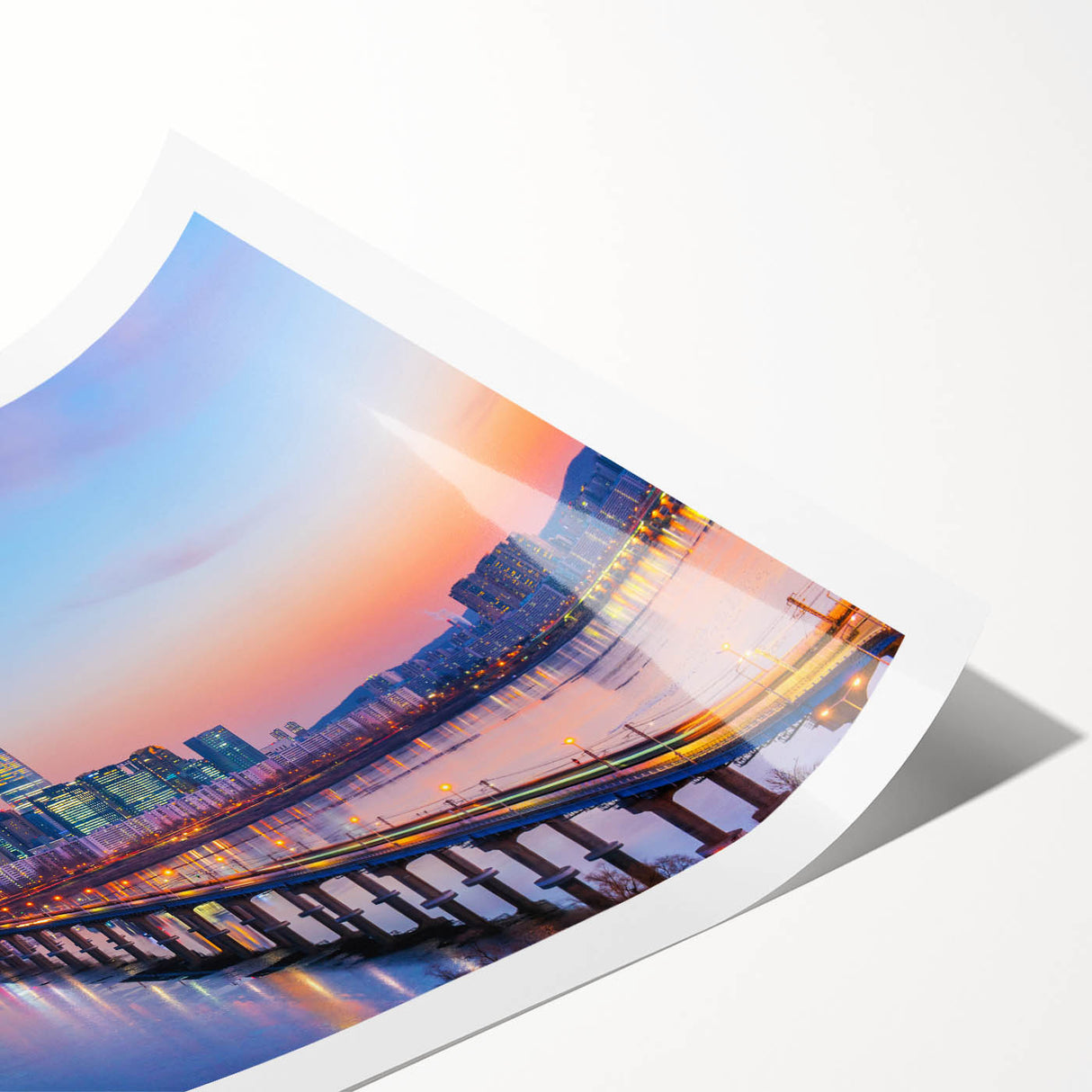 Extra large rolled print of Seoul scenery with line art flowers in soft pastel shades, ideal for large living room wall art.