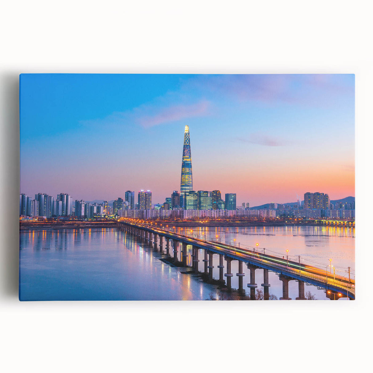 Large black and white stretched canvas of Seoul cityscape, ideal for kitchen wall art.