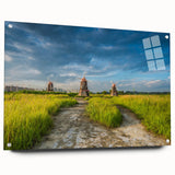 Large abstract wall art of Asian scenery in vibrant greens and blues on acrylic glass.