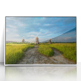 Art deco poster of a serene Korean landscape in muted greens and blues on a framed acrylic, ideal for modern art wall decor.