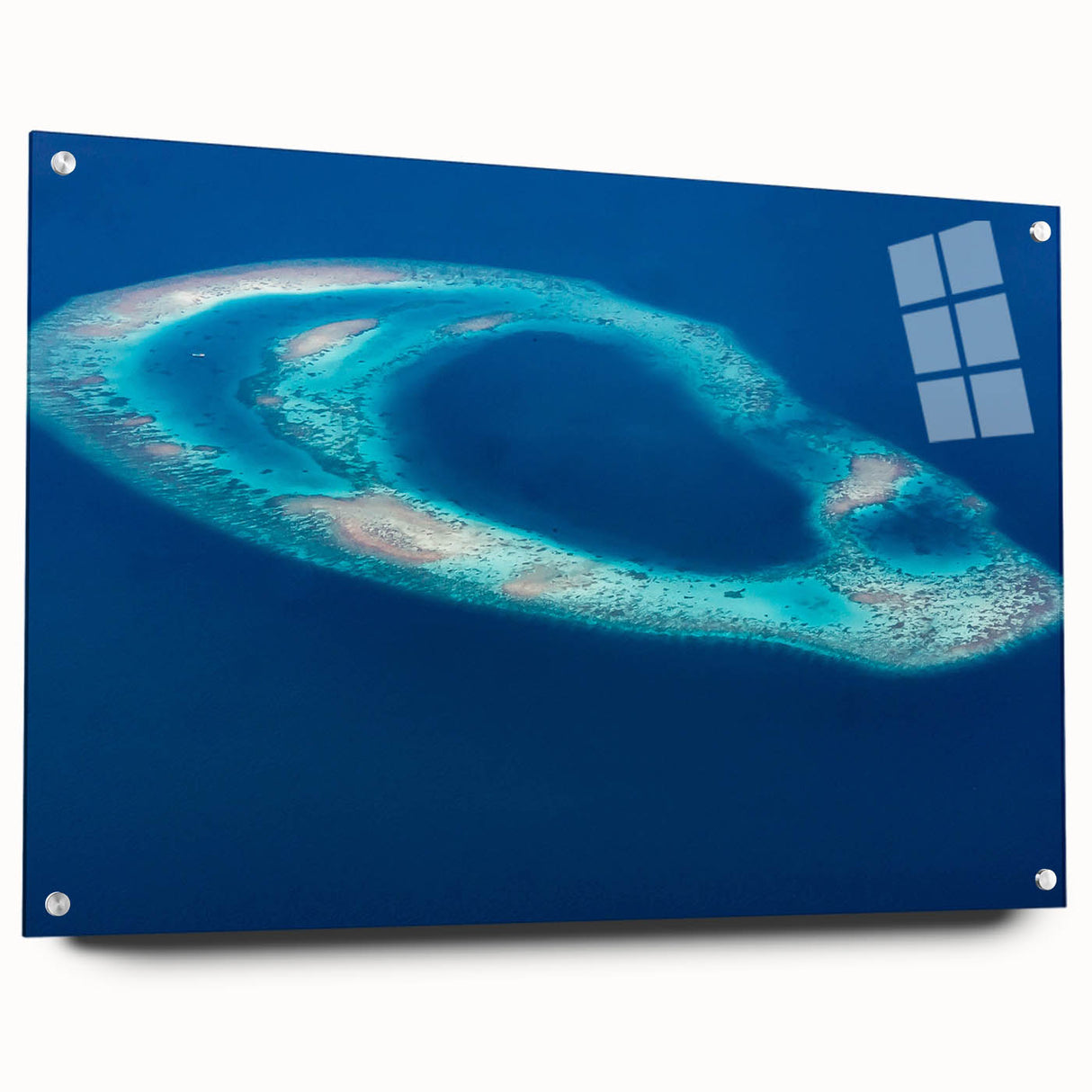 Acrylic print of Maldives scenery with vibrant blue and green hues, suitable for dining room or bedroom decor.