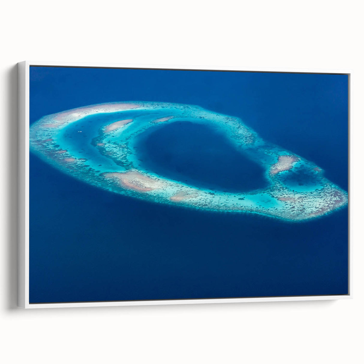 Vintage poster art of Maldives scenery on framed canvas, featuring vibrant colors, ideal for living room decor.