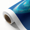 Art deco poster of Maldivian scenery on a rolled canvas, with pastel blues and greens, ideal for nursery wall art.
