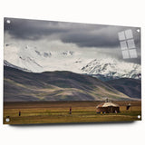 Acrylic print of a large abstract Mongolian landscape in muted earth tones, suitable for dining room decor.