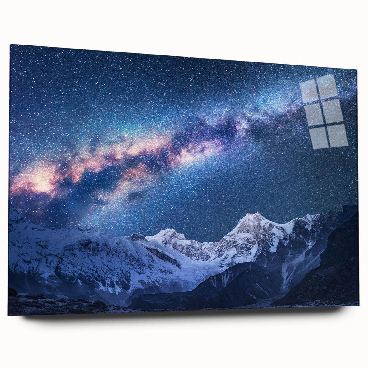 Large abstract depiction of Mount Everest in muted blue and white tones on acrylic glass.