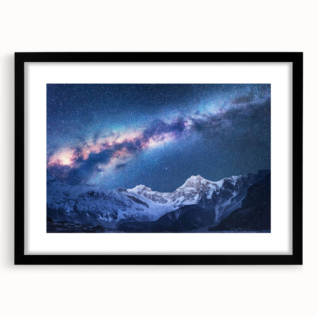 Extra large abstract art print of Mount Everest in vibrant colors on a textured canvas, framed in black.