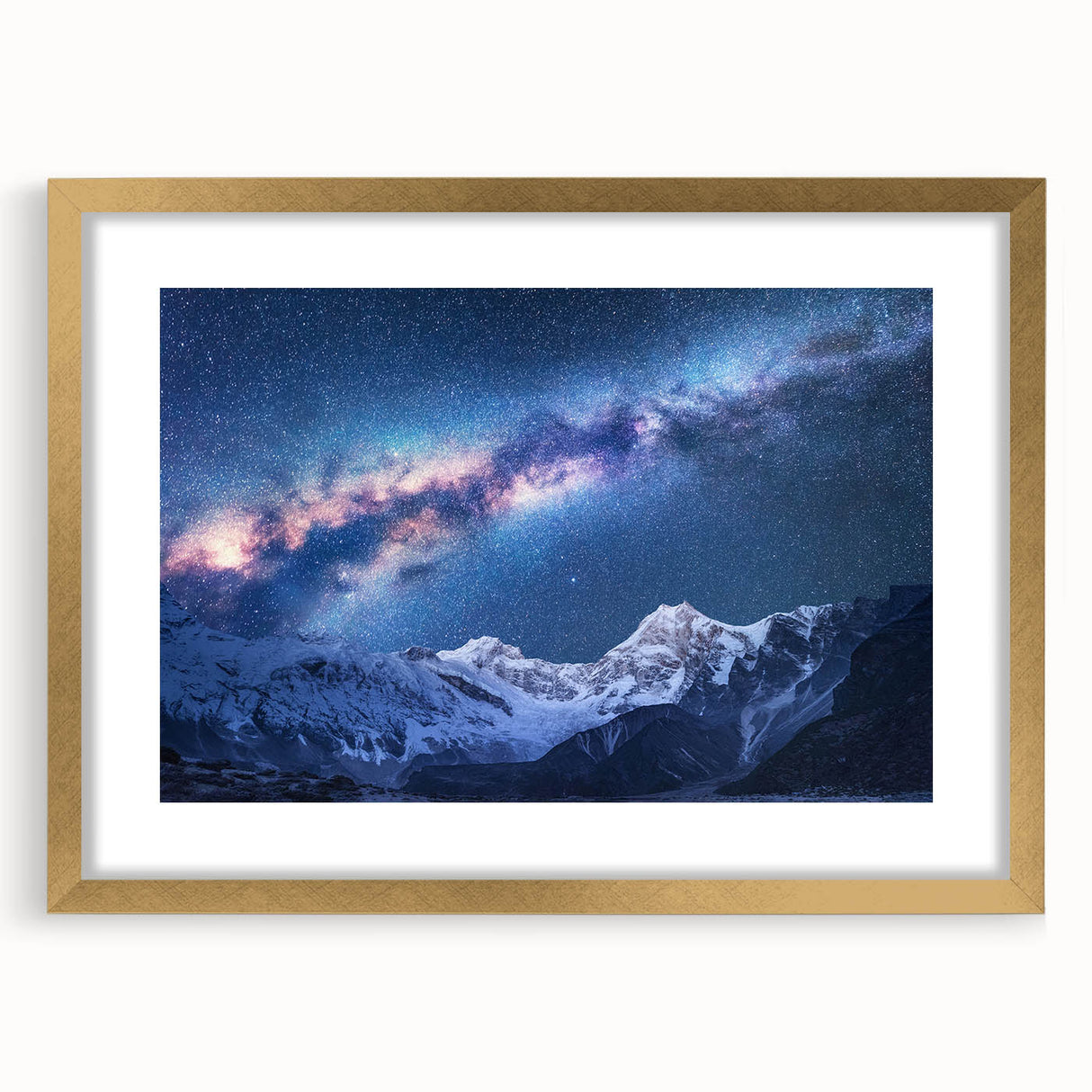 Extra large wall art depicting an abstract rendition of Mount Everest in textured blues and grays, framed with a gold mat.