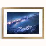 Extra large wall art depicting an abstract rendition of Mount Everest in textured blues and grays, framed with a gold mat.