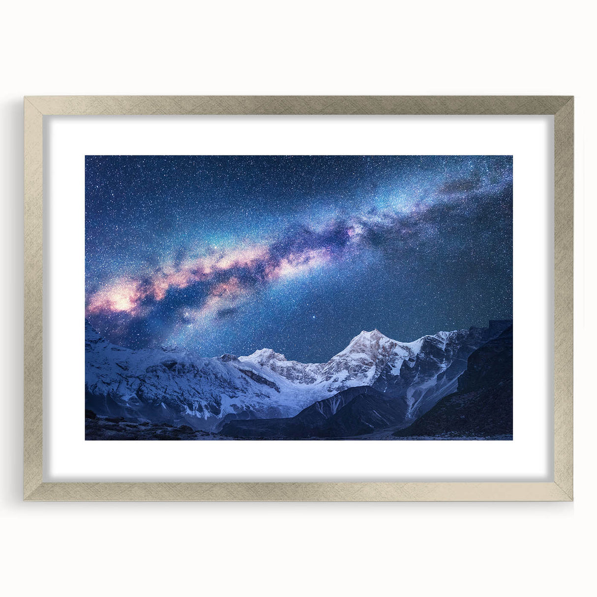 Textured art print of Mount Everest in muted gray and blue tones on a framed silver mat, suitable for bedroom art.