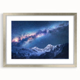 Textured art print of Mount Everest in muted gray and blue tones on a framed silver mat, suitable for bedroom art.