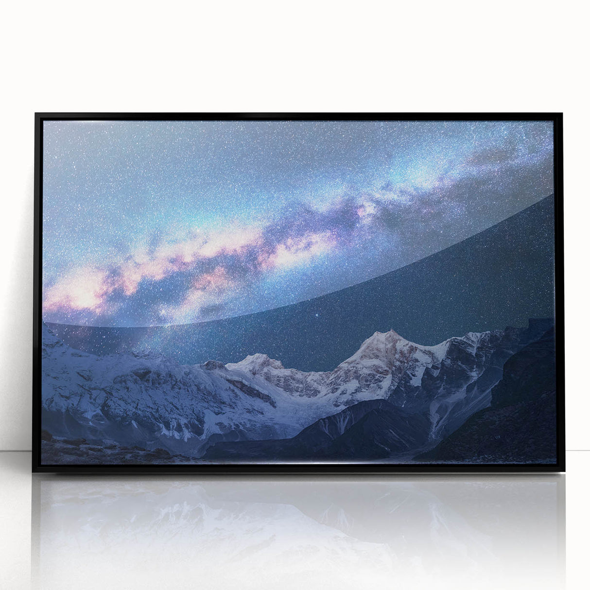 Large abstract wall art depicting Mount Everest in muted gray and blue tones on a framed acrylic.