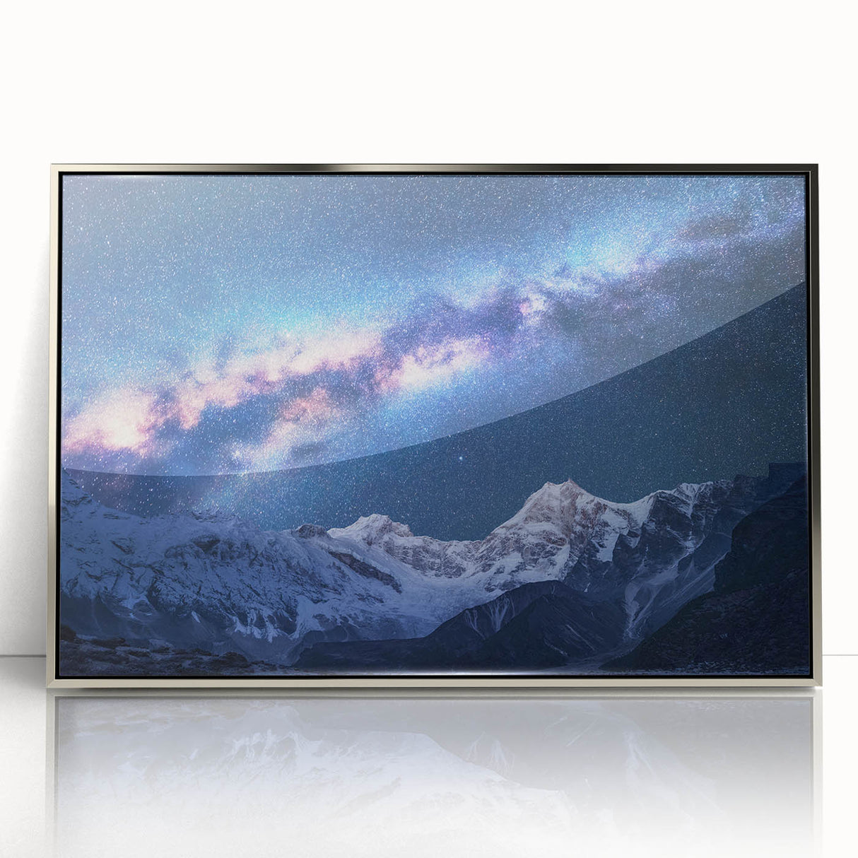 Mid-century modernist art depicting Mount Everest in muted earth tones on a silver-framed acrylic print.