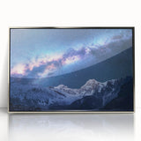Mid-century modernist art depicting Mount Everest in muted earth tones on a silver-framed acrylic print.
