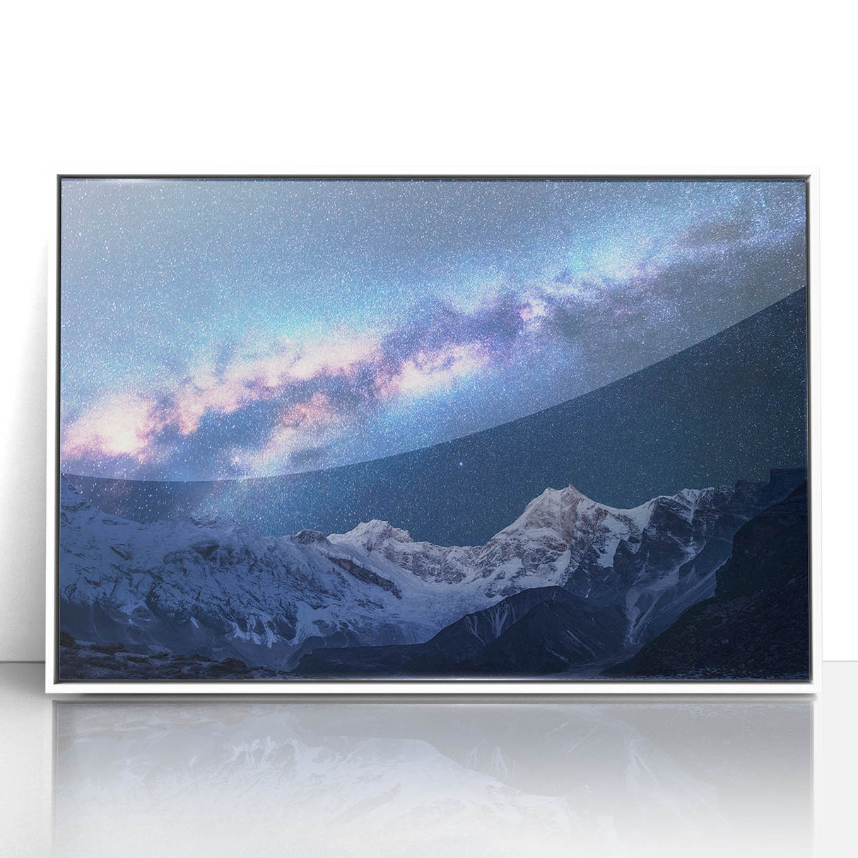 Framed acrylic print of Mount Everest with cool gray and blue tones, ideal for modern art wall decor in a nursery.
