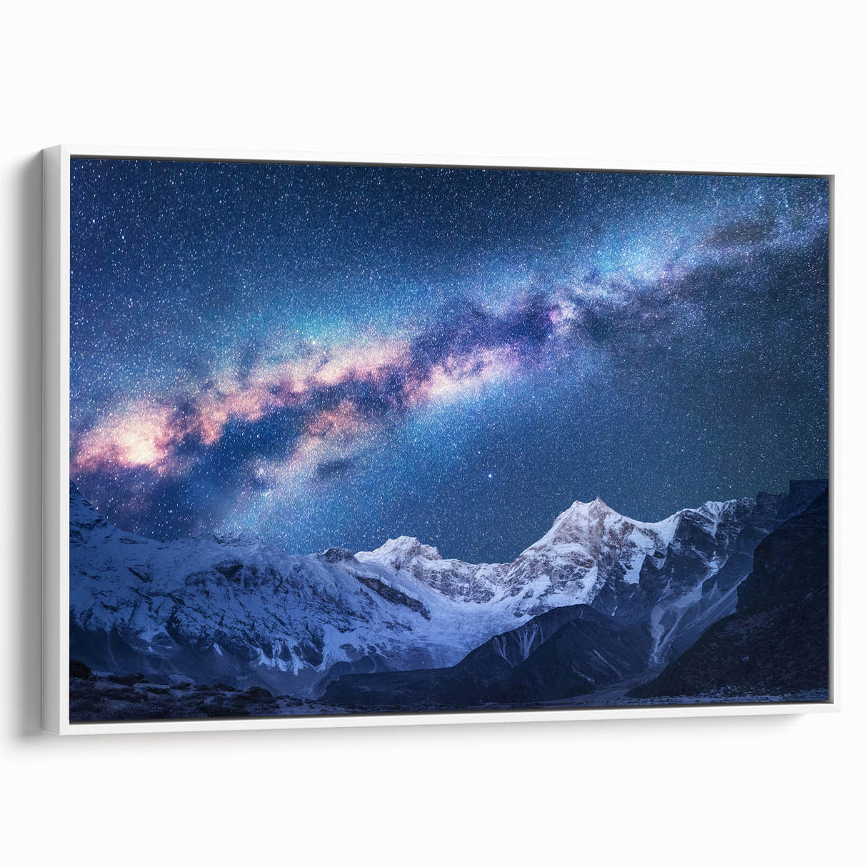 Vintage poster art of Mount Everest in colorful hues on a large framed canvas, ideal for living room decor.